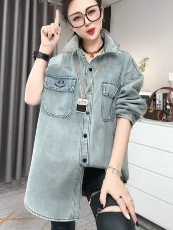 2024春秋季新款牛仔衬衫女装韩版复古中长设计感叠穿外穿衬衣外套商品大图