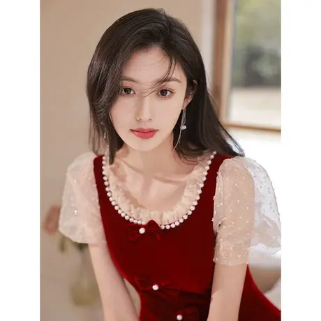 敬酒服新娘夏季酒红色高级感在逃公主结婚订婚回门礼服连衣裙钉珠商品大图