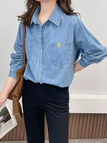港味复古设计感牛仔衬衫女2024早秋新款叠穿内搭长袖休闲衬衣外套商品大图
