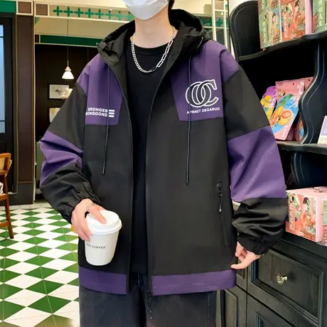 工装夹克外套男士春秋款百搭宽松潮牌渐变色连帽休闲拼接撞色上衣商品大图