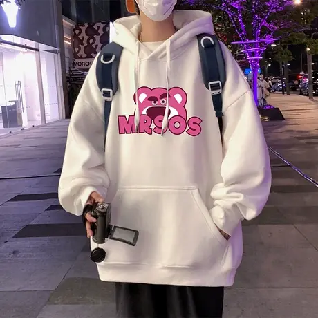 卡通草莓熊印花连帽卫衣男秋冬季宽松情侣款港风国潮帽衫休闲外套商品大图