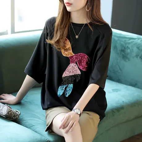 宝诗黎亮片撞色蝙蝠袖女装新款黑色T恤衫女春季2024宽松百搭上衣商品大图
