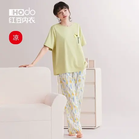 红豆女士睡衣棉质短袖春夏薄款凉感可外穿休闲宽松套头家居服套装商品大图