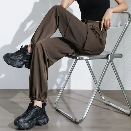 春季卡其色工装休闲裤女2024新款西装裤高腰宽松慵懒坠感阔腿长裤商品大图