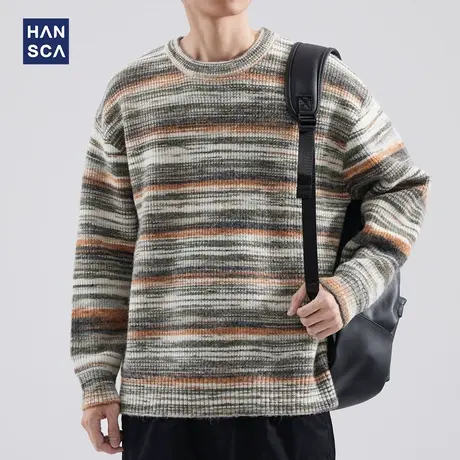 hansca秋冬季潮牌复古撞色渐变条纹毛衣男圆领宽松休闲套头针织衫商品大图