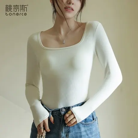 打底衫女秋冬季洋气内搭2024新款白色方领修身带胸垫T恤长袖上衣商品大图