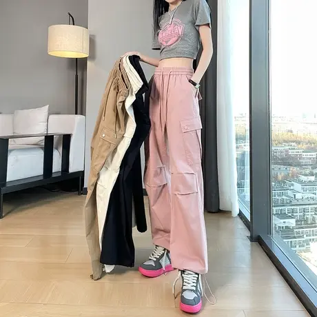 粉色降落伞工装裤女春秋2024新款高腰直筒休闲显瘦束脚阔腿运动裤图片
