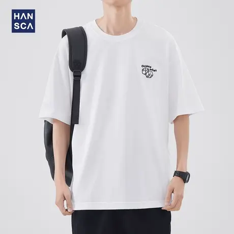 hansca 圆领刺绣短袖T恤男夏季新款日系复古骰子水洗宽松百搭上衣商品大图