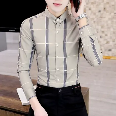 2023新款秋季长袖男士衬衫潮流高级感男装韩版格子休闲免烫衬衣服商品大图