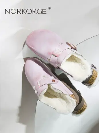 原创复古勃肯鞋女2023冬季新款女鞋子加绒一脚蹬毛毛鞋单鞋真皮鞋商品大图