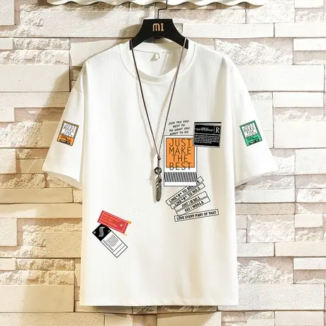 华夫格男士短袖t恤夏季冰丝凉感半袖男生设计感小众印花百搭体恤T图片