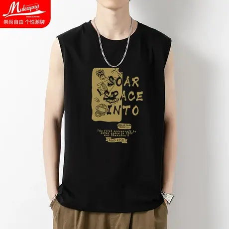 港风背心男夏季纯棉篮球训练运动健身砍袖无袖t恤潮牌针织宽坎肩商品大图