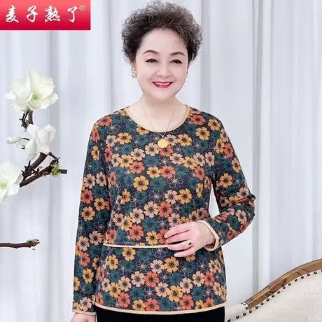 2023秋季新款小衫圆领长袖妈妈装打底衫薄上衣洋气花色打底t恤图片
