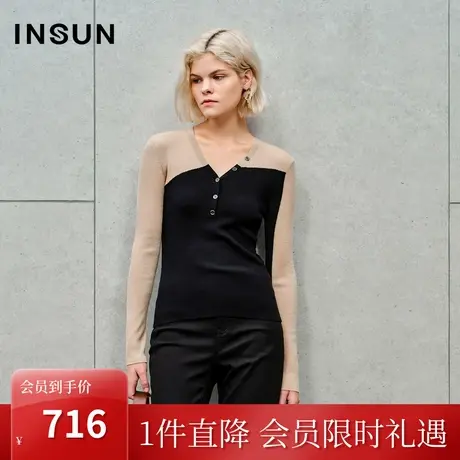 恩裳2023秋季新款双色上下拼接造型感排钮装饰羊毛针织衫商品大图