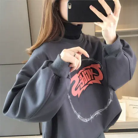 秋冬新款韩版宽松慵懒风加绒加厚高领卫衣女ins潮设计感外套图片