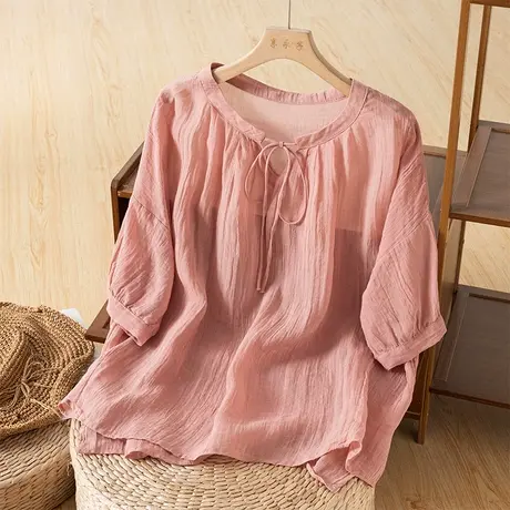 享永子中袖苎麻上衣女文艺复古棉麻小衫气质宽松百搭2023夏季新款商品大图