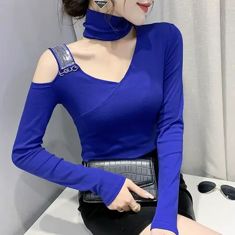 性感镂空露肩打底衫女春秋别致修身长袖T恤女洋气挂脖不规则上衣图片