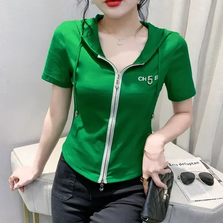 高腰短款T恤女欧货设计感小众连帽短袖上衣洋气百搭拉链开衫夏装商品大图