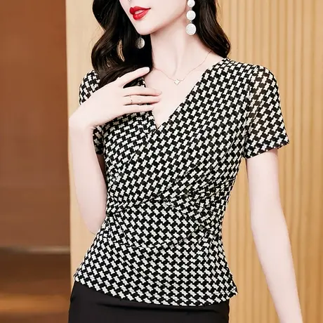 欧货千鸟格短袖T恤女士夏装性感交叉V领小衫不规则修身网纱上衣潮图片