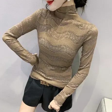 蕾丝打底衫女春秋设计感小众烫钻镂空高领上衣长袖洋气内搭小衫女商品大图