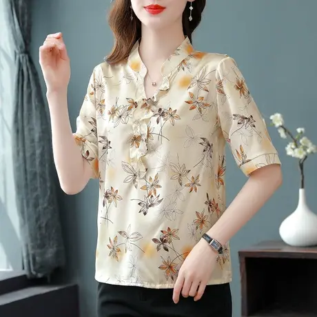 2023年夏装新款时尚别致遮肚女v领衬衣设计感小众桑蚕丝洋气上衣商品大图