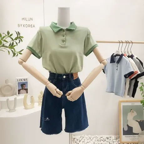 短款高腰上衣2022夏季新款韩国东大门ins港味原宿风撞色Polo衫T恤商品大图