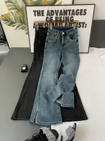 复古开叉牛仔微喇裤女2023年新款夏季修身弹力小众直筒喇叭长裤子商品大图