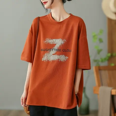 dza复古字母白色短袖T恤女2023夏季圆领打底体恤宽松显瘦套头上衣商品大图