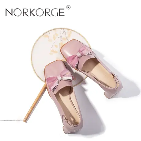 2023新款秋复古紫色单鞋女鞋真皮方头蝴蝶结粗跟高跟鞋温柔奶奶鞋商品大图