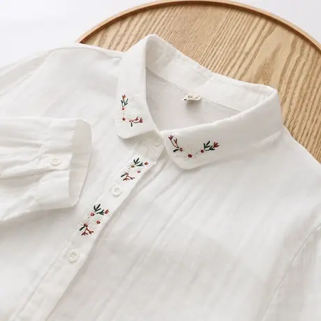 秋装日系清新刺绣娃娃领双层纱软绵绵衬衫女森系文艺纯棉打底衬衣商品大图