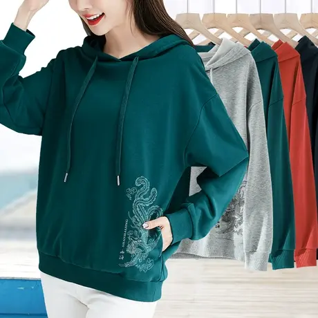 2023秋季新款连帽卫衣女长袖印花套头宽松显瘦打底衫简约百搭上衣图片