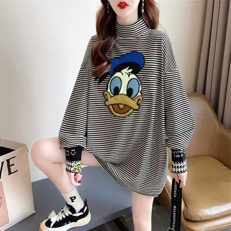 半高领长袖t恤女秋冬韩版宽松加绒加厚磨毛中长款内搭保暖打底衫商品大图