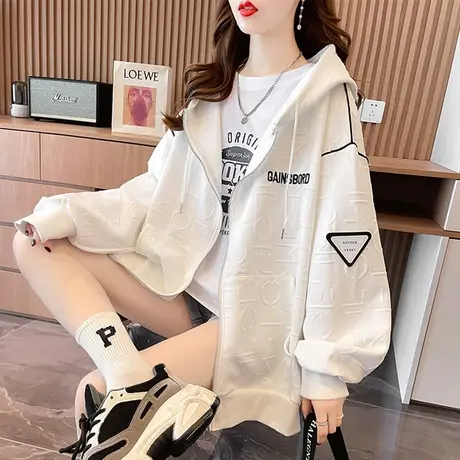 华夫格连帽卫衣女春秋季韩版宽松bf慵懒风设计感小众薄款开衫外套图片