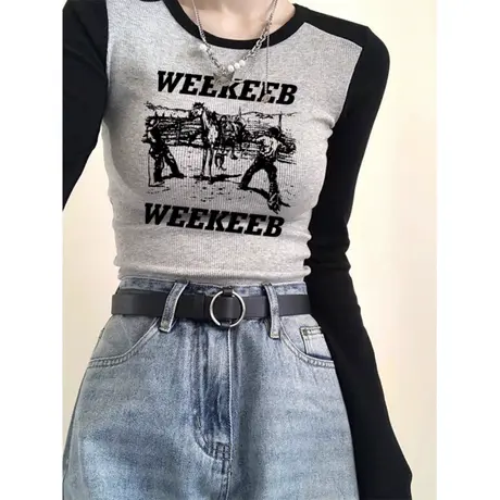 美式复古高街潮牌长袖T恤女初秋韩版修身显瘦辣妹体恤上衣打底衫商品大图