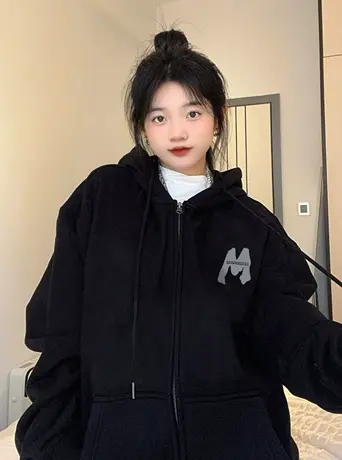 加绒加厚开衫卫衣女oversize秋冬潮牌小众设计感美式复古宽松外套图片