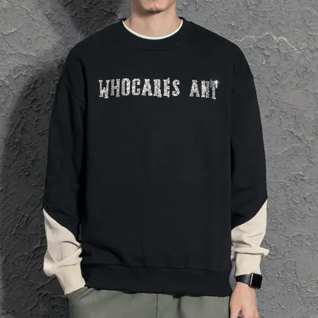 闪钻帅气潮流男装2021新款秋季男生圆领卫衣ins潮牌撞色拼接外套图片