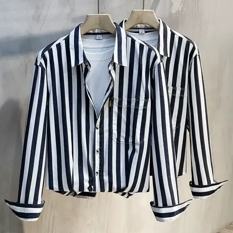 男士长袖衬衫秋冬季百搭条纹韩版宽松2023新款纯棉外穿衬衣男寸衣图片