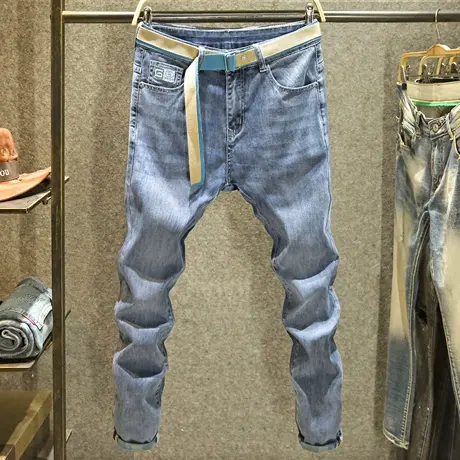 夏天薄款男士牛仔裤修身小脚裤刺绣韩版潮流休闲柔软百搭长裤子潮商品大图