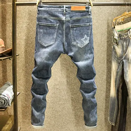 2023新款秋季男士牛仔裤修身小脚弹力裤子时尚潮流五角星图案长裤商品大图