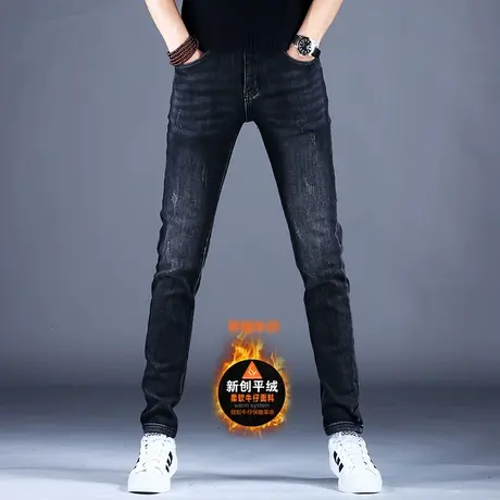 2023男士新款百搭牛仔裤子黑色简约修身薄绒精致小脚裤男潮牌百搭商品大图