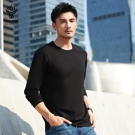 2023年春季新款高端轻奢纯色内搭长袖黑色宽松t恤男士上衣打底衫商品大图