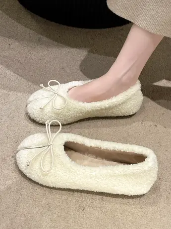 羊羔毛加绒豆豆鞋女百搭2023年秋冬新款一脚蹬懒人平底休闲棉瓢鞋商品大图