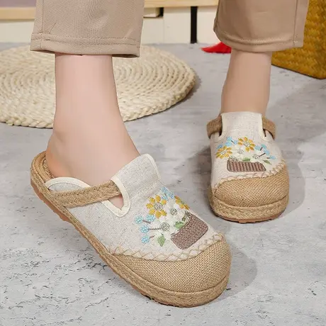 平底绣花包头半拖鞋可外穿女夏民族风老北京布鞋一脚蹬亚麻绣花鞋商品大图