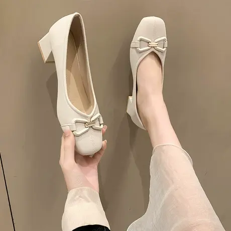 单鞋女2023年春季新款复古方头一脚蹬女鞋晚晚风温柔中跟浅口鞋子商品大图