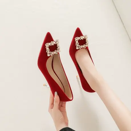 婚鞋女2023新款尖头细跟绒面红色高跟鞋性感气质水钻百搭新娘单鞋商品大图