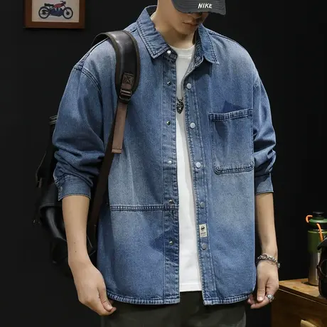 春季男款2024新款牛仔衬衣外套男士休闲春秋款上衣蓝色衬衫男长袖图片
