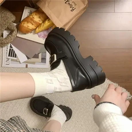 矮子乐复古英伦风厚底百搭小皮鞋女2024新款春季粗跟增高乐福单鞋商品大图