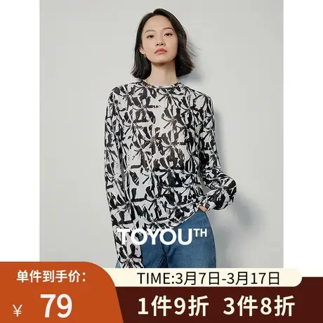 TOYOUTH初语复古印花皮肤衣女2024年春季新款轻透网纱打底长袖T恤图片