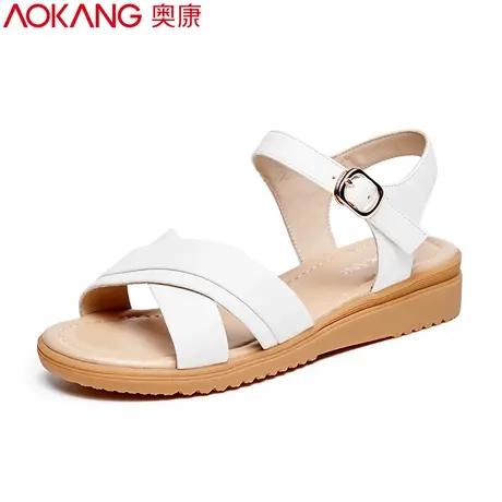 奥康真皮妈妈凉鞋2022夏季坡跟一字带舒适软底平底孕妇女士凉鞋图片