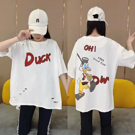 字母破洞T恤女2023夏季新款宽松休闲上衣舒适百搭卡通原宿风短袖商品大图